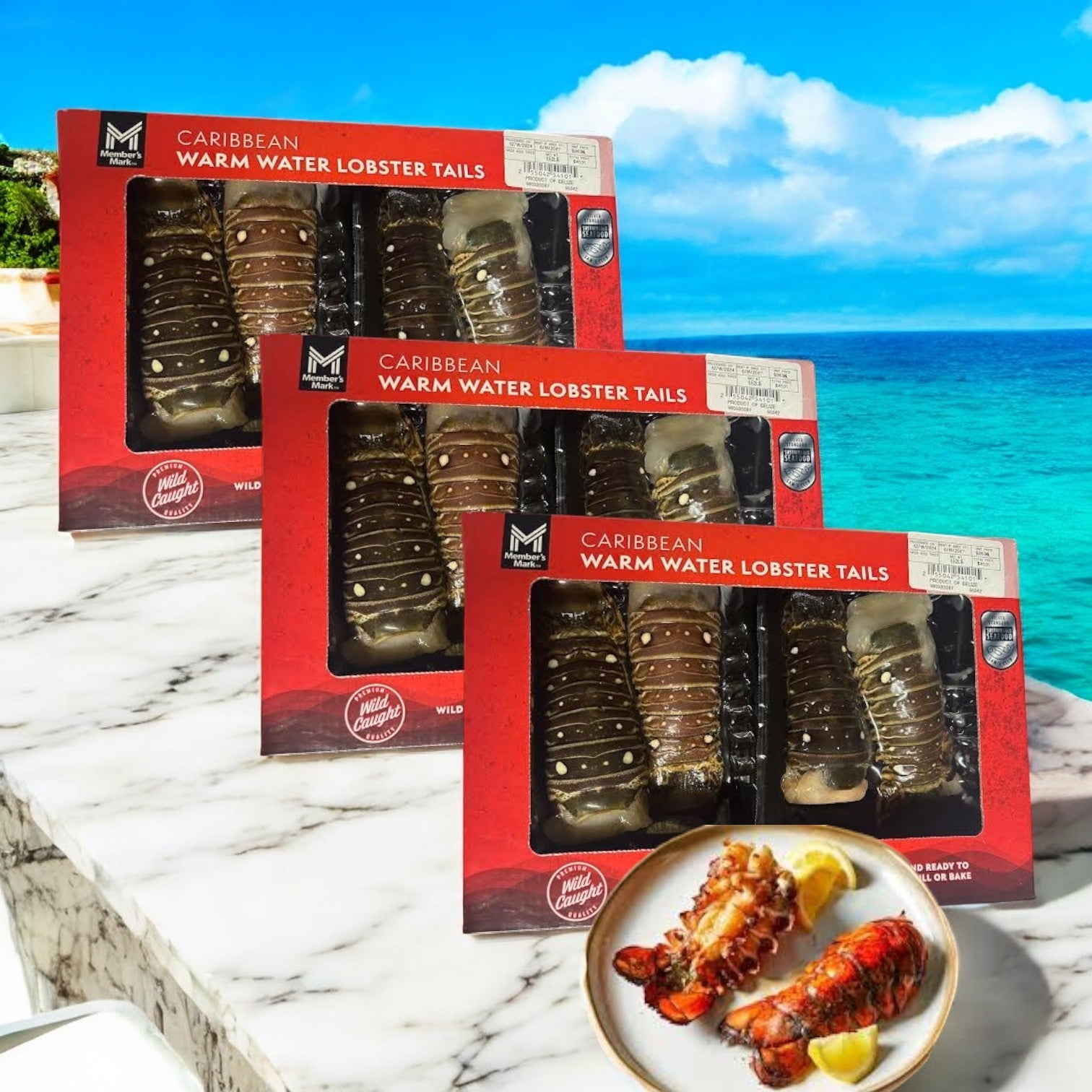 Three boxes of Member's Mark Warm Water Lobster Tails, Frozen, 4 Count-3 Pack are displayed on a marble surface with a seaside view. A small plate with cooked lobster showcases the delicate flavors of these treasures in the foreground.