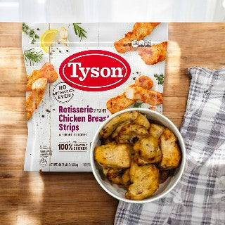 A package of Tyson Rotisserie Seasoned Unbreaded Chicken Breast Strips (3 Bags, 48 oz Each) is placed beside a bowl filled with the high-protein strips on a wooden surface adorned with a checkered cloth.