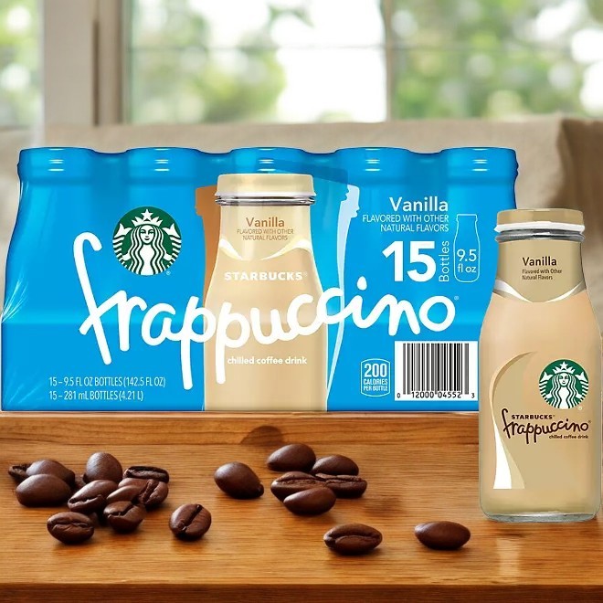 A 15-pack case of Starbucks Frappuccino Vanilla Coffee bottles is prominently displayed, with one bottle in front surrounded by scattered coffee beans.