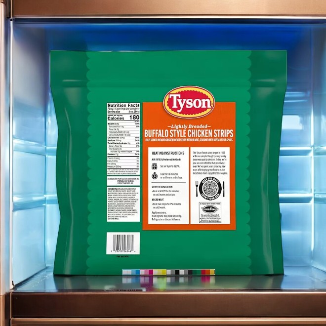 In the fridge, there's a 3-pound bag of Tyson Buffalo Style Chicken Strips—Frozen, featuring green packaging with nutritional info and cooking instructions. Coated in tangy buffalo sauce, these strips make a perfect spicy snack that promises a delicious kick.