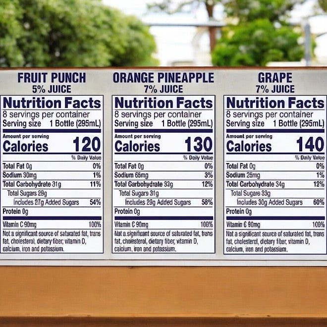 Discover Welch's Variety Pack Juices: a vibrant trio of Fruit Punch with 5% juice and 120 calories, Orange Pineapple with 7% juice at 130 calories, and Grape with 7% juice at 140 calories per refreshing 295ml serving.