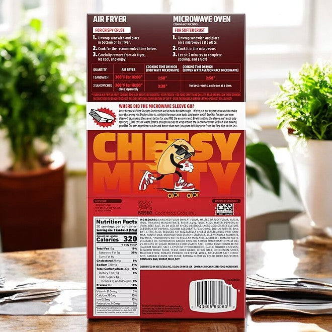 The back of the Hot Pockets Pepperoni Pizza Sandwiches - 20ct - 3 Case features a cartoon character, nutritional facts, and "CHEESY MELTY" text with air fryer and microwave instructions for your favorite indulgence.