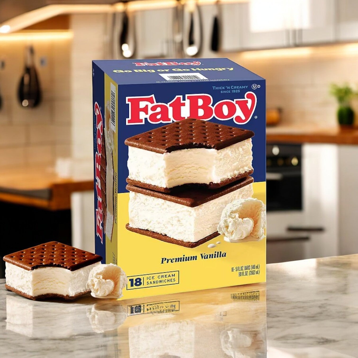 A box of FatBoy Smores Sandwich Bars, 12 Count, sits on a kitchen counter with one unwrapped sandwich and a scoop of ice cream in front.