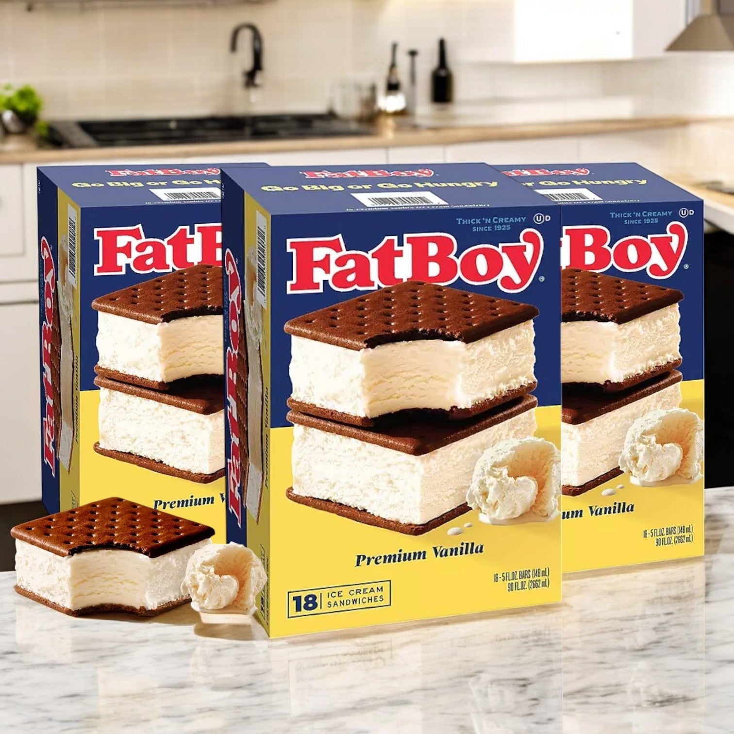 FatBoy Premium Vanilla Ice Cream Sandwich, Frozen – 3 Boxes (54 Total Sandwiches)