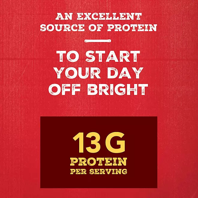 Text on a red background reads: "Start your morning right with Jimmy Dean Fully Cooked Turkey Sausage Patties. Each serving packs 13g of protein for an excellent boost to your day.