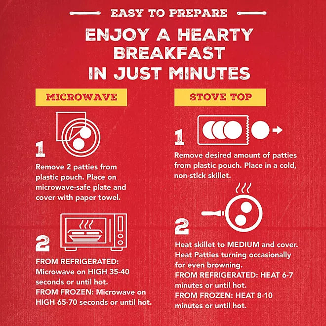 Prepare breakfast with Jimmy Dean Fully Cooked Turkey Sausage Patties using a microwave or stovetop, with clear icons for refrigerated and frozen times. Enjoy the taste of sausage without extra fat by choosing these lean turkey patties.