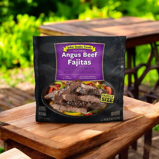 The John Soules Fully Cooked Angus Beef Fajitas, 24 oz, showcase seasoned beef strips in the packaging image, promising a protein-packed dish for any occasion.