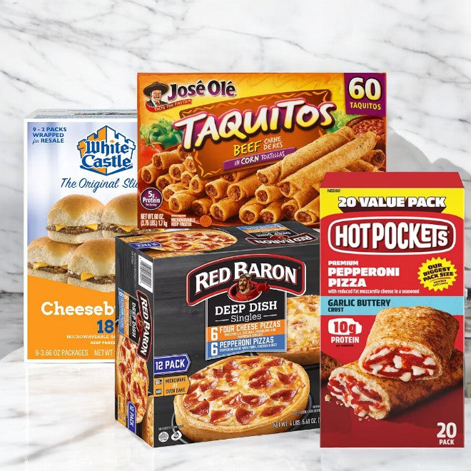 The Awesome Comfort Meal Pack! by Hot Pockets, featuring White Castle cheeseburgers, José Olé taquitos, Red Baron deep dish pizzas, and Hot Pockets, is showcased against a marble background—ideal for a college care package.