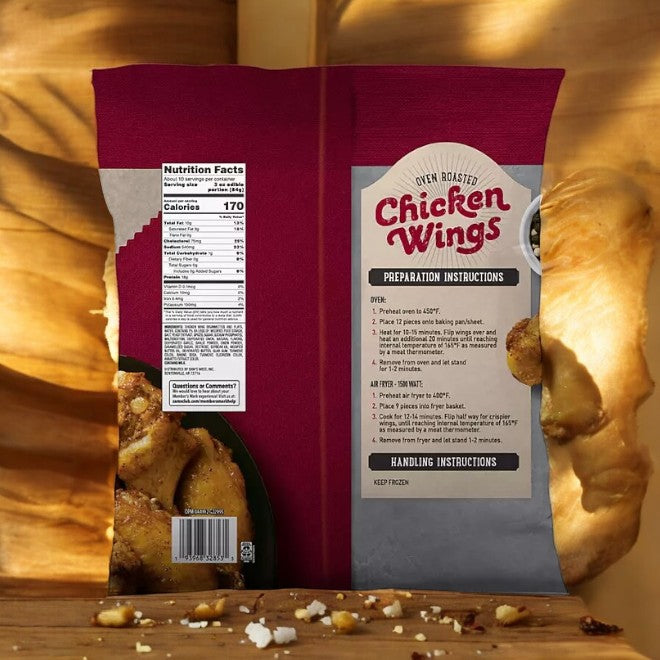 Member's Mark Oven Roasted Chicken Wings come in 3 bags totaling 9 pounds, featuring a nutritional facts label and clear preparation instructions. Perfectly paired with garlic cloves, they're an ideal option for oven-roasted meals.