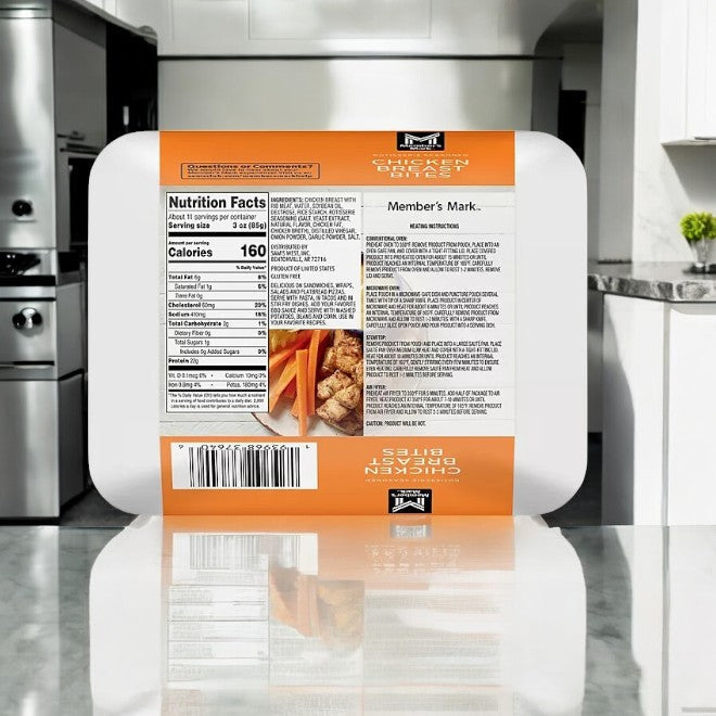Member's Mark Rotisserie Chicken Bites, 2 lbs - 1 Case sits on the kitchen counter with nutritional info and a tasty recipe suggestion for flavorful chicken bites.
