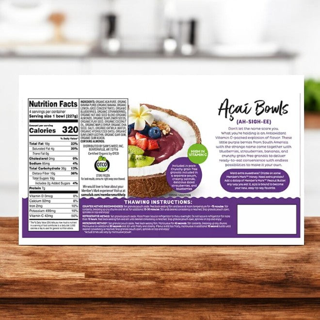 The Member's Mark Organic Acai Bowls come in a pack of 4 frozen bowls with nutrition facts and preparation instructions included. An image shows a fruit-topped bowl, highlighting the affordable and high-quality offering.