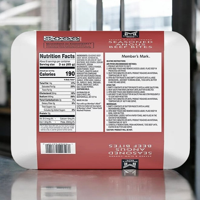The packaging for Member's Mark Seasoned Angus Beef Bites with Garlic and Herb Compound Butter, 1.5 lbs contains nutrition facts, ingredients, and product details for these perfectly seasoned beef morsels.