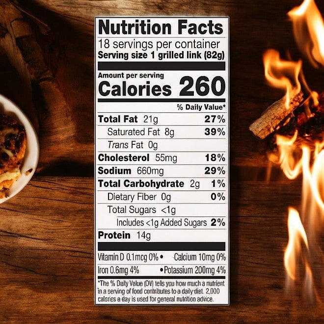 The Johnsonville Brats Original Pork Bratwurst Links nutrition facts per serving include: 260 calories, 21g total fat, 8g saturated fat, 55mg cholesterol, 660mg sodium, 16g carbohydrates, 1g fiber, 1g sugars, and a satisfying amount of grilling perfection with 14g protein.