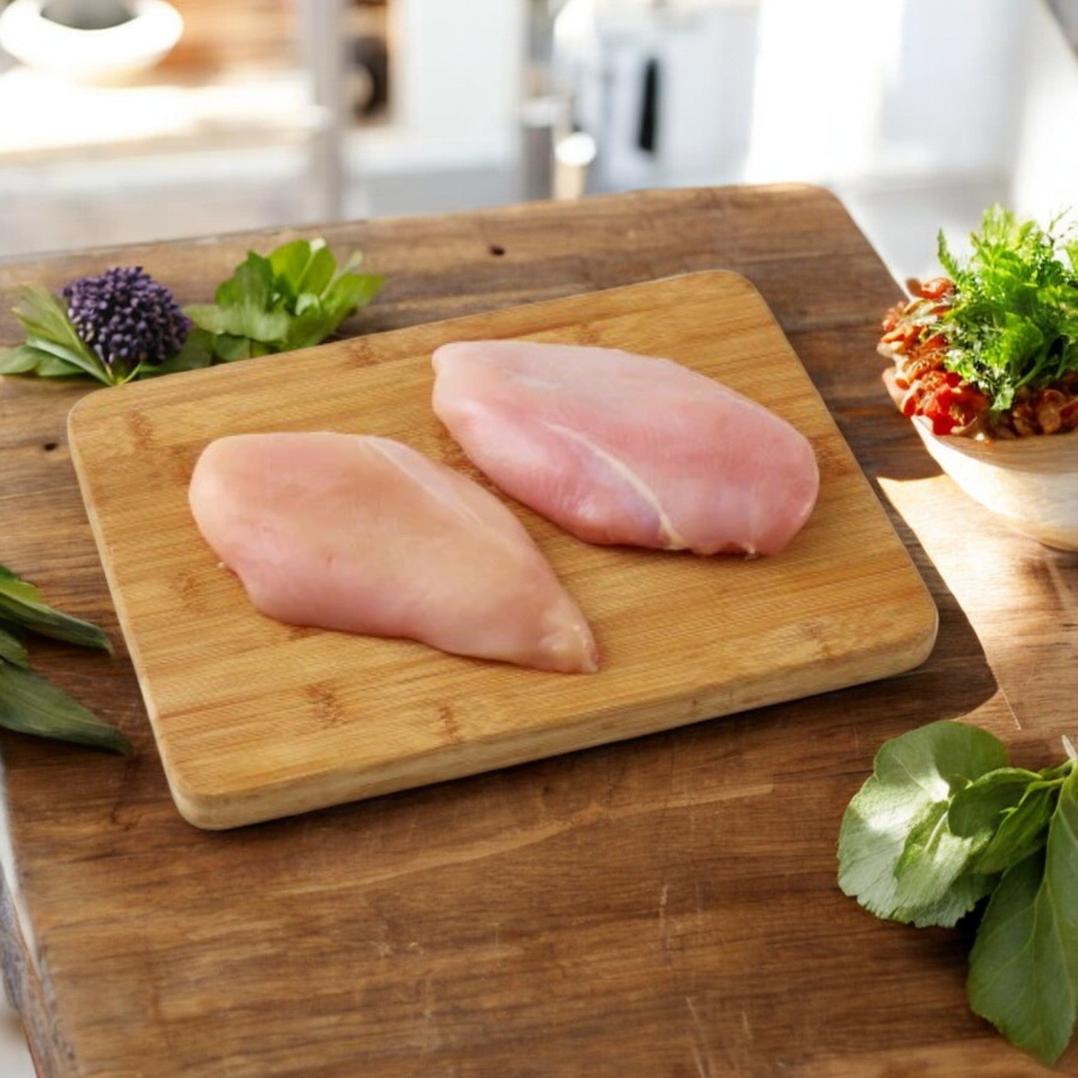 A Kirkland Signature "Air Chilled" Fresh Boneless Skinless Chicken Breast sits on a wooden cutting board, garnished by fresh herbs on a rustic table, displaying premium USDA Grade A quality.