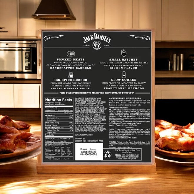 A Jack Daniel's display board in a kitchen setting emphasizes the savory taste of smoked meats and spices. Plates featuring Jack Daniel's Pulled Pork, 3 lbs-1 Count, are visible nearby, perfectly complemented by the rich notes associated with Tennessee Whiskey.