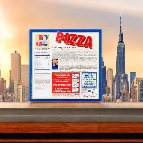 A poster themed around J2L Broadway, featuring their J2 Broadway's Large Slices Gourmet Pizza-3 Count with innovative combinations and premium ingredients, is set against a city skyline backdrop highlighting skyscrapers and the Empire State Building.