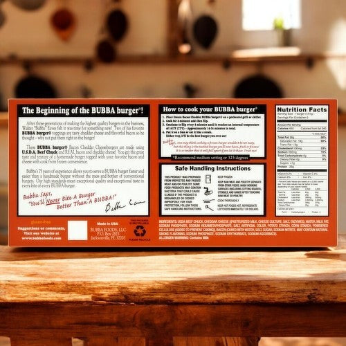 A pack of Bubba Burger Cheese Burgers, Bacon Cheddar - 3 Count lies on a wooden table displaying cooking instructions, nutrition facts, and branding. These Bubba frozen patties are ideal for a quick and tasty meal.
