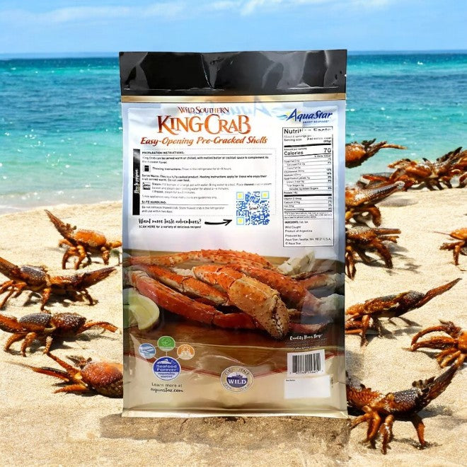 AquaStar's Wild Southern King Crab Legs and Claws, frozen, 2 lbs per case (3 cases totaling 6 lbs), display their premium status on the beach surrounded by crabs. Sustainably sourced, the package offers cooking instructions and nutritional information for an exquisite dining experience.