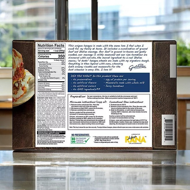 The back of the Giovanni Rana Beef and Sausage Lasagna 40 oz-1 Box features nutrition facts, ingredients, and prep instructions for this family-friendly meal. An image of this Italian classic is on the left, sure to delight everyone at the table.