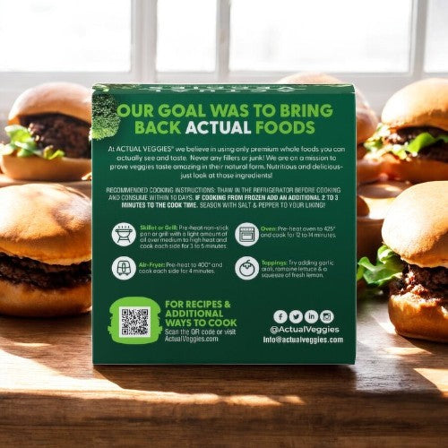 The image displays a box of Actual Veggies Super Greens Veggie Burger-1 Count with the message "Our Goal Was to Bring Back Actual Foods," surrounded by cooked patties on buns.