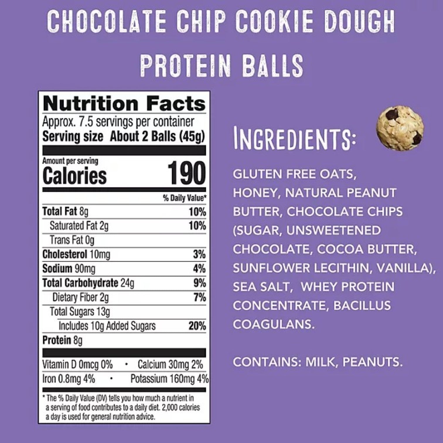 Discover SimplyFUEL Chocolate Chip Cookie Dough Protein Balls by Simple Fuel. Each serving packs 190 calories and plant-based protein with key ingredients: oats, honey, peanut butter, and chocolate chips.