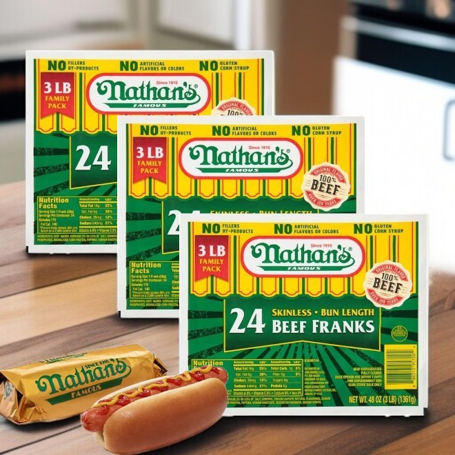 Nathan's Famous Beef Franks – 3 Family Packs (3 lbs Each), 72 Total Franks