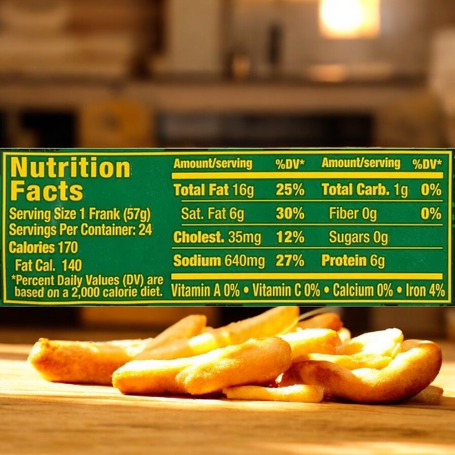 Close-up of a nutrition facts label for Nathan's Famous Beef Franks- 1 Count- 24 Beef Franks, set against a blurred background of French fries on a wooden table.