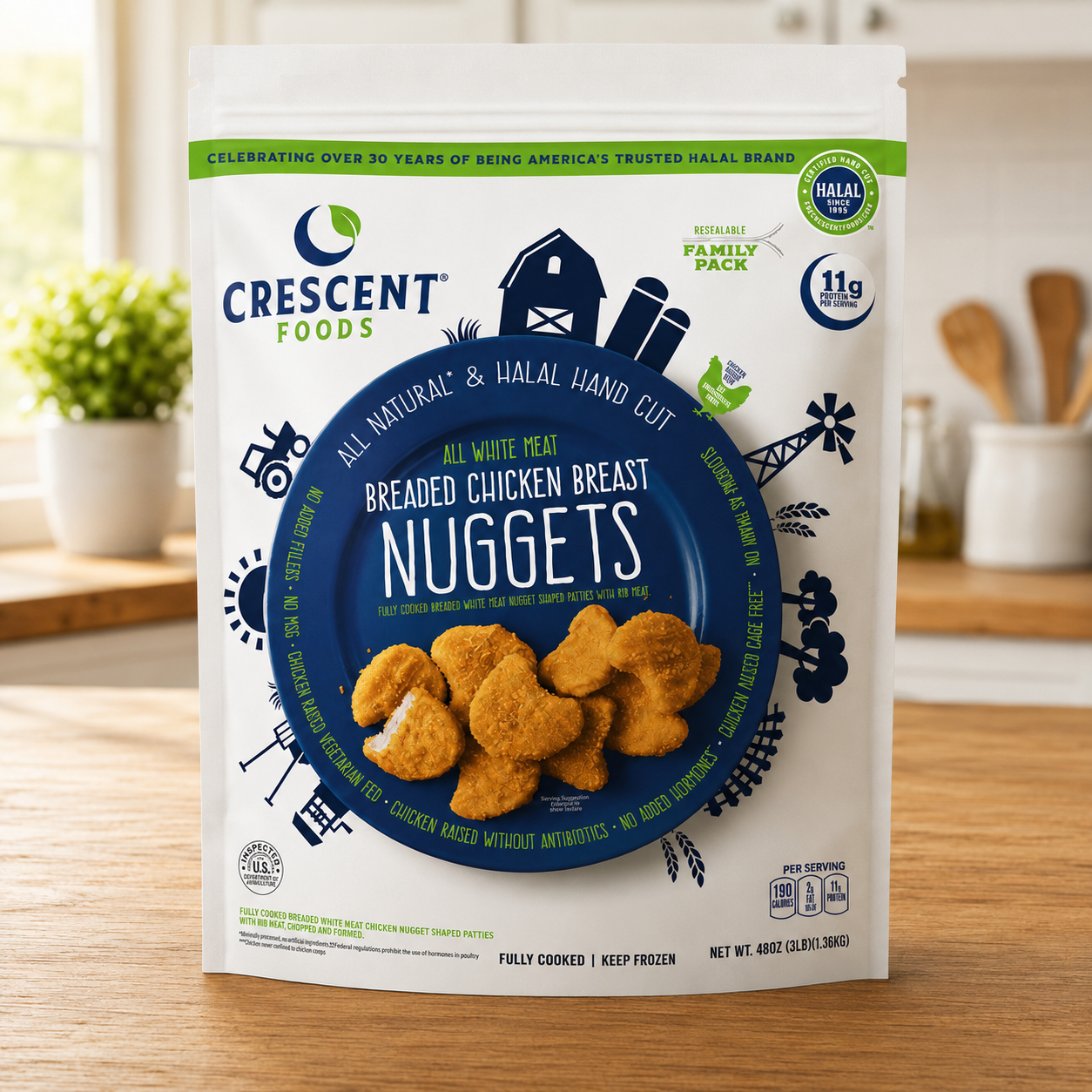 Crescent Foods Halal All Natural Chicken Breast Nuggets, 3 lbs