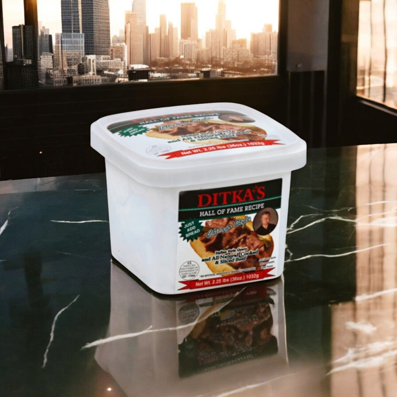 A container of Vienna Beef's Garrett Mix & Ditka Italian Beef sits on a reflective surface, with the Chicago skyline visible through a window, echoing the bold flavors.