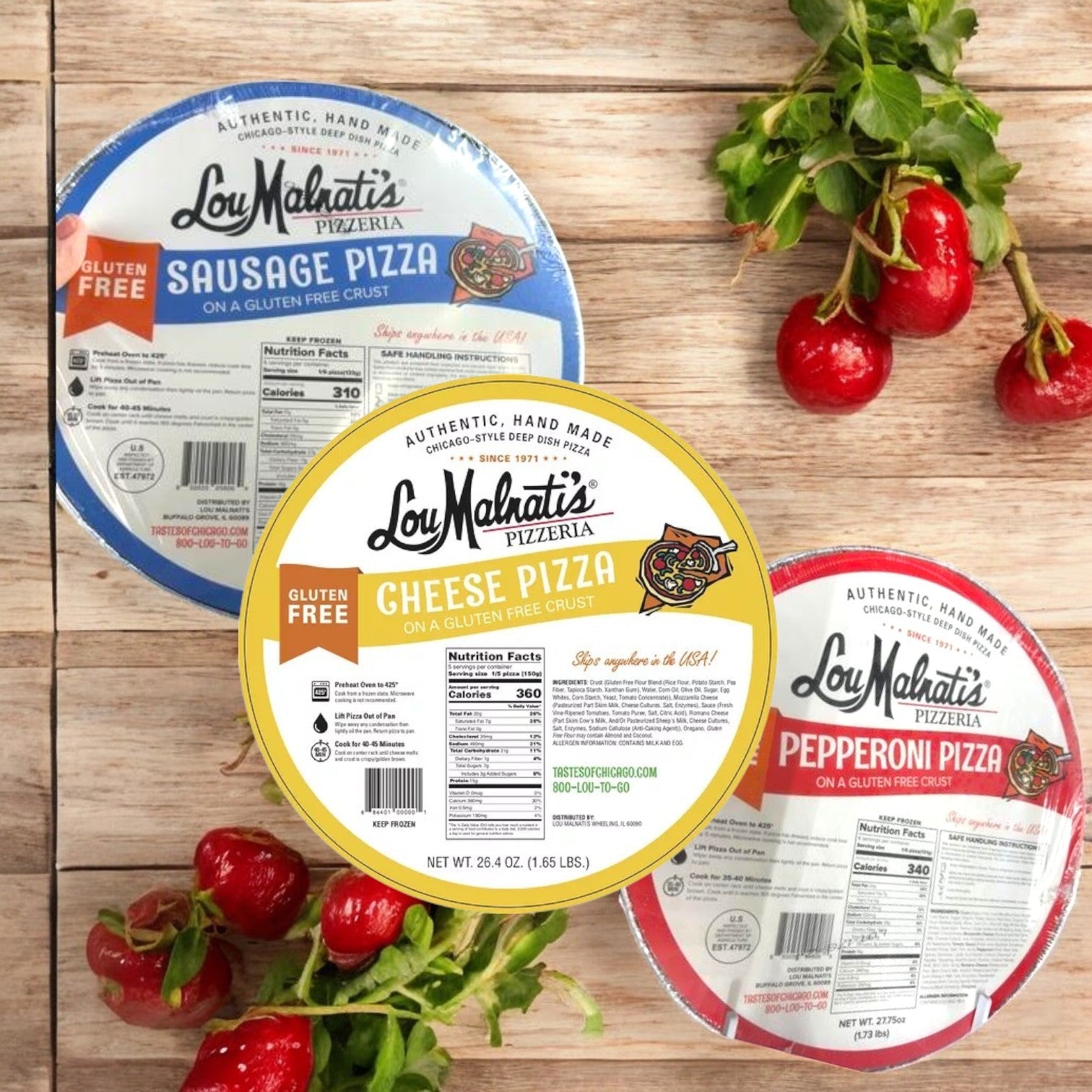 Three Lou Malnati's Gluten-Free Crust Combo Pack pizzas sit on a wooden surface next to fresh tomatoes.