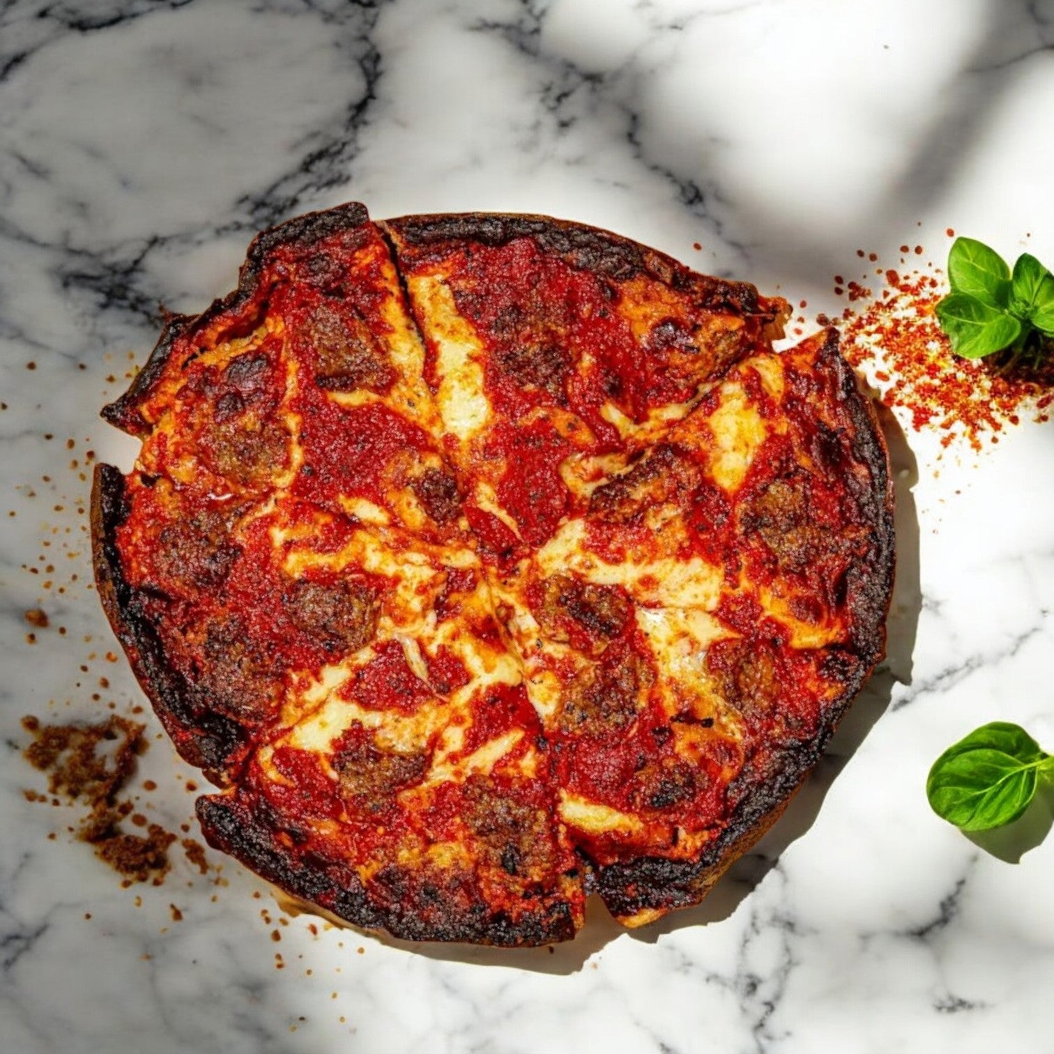 A round, charred sausage deep-dish pizza with red sauce and cheese embodies the Chicago-style tradition. Two small basil leaves rest in the corner, nodding to the iconic flavors of Pequod's Pizza on a marble surface.