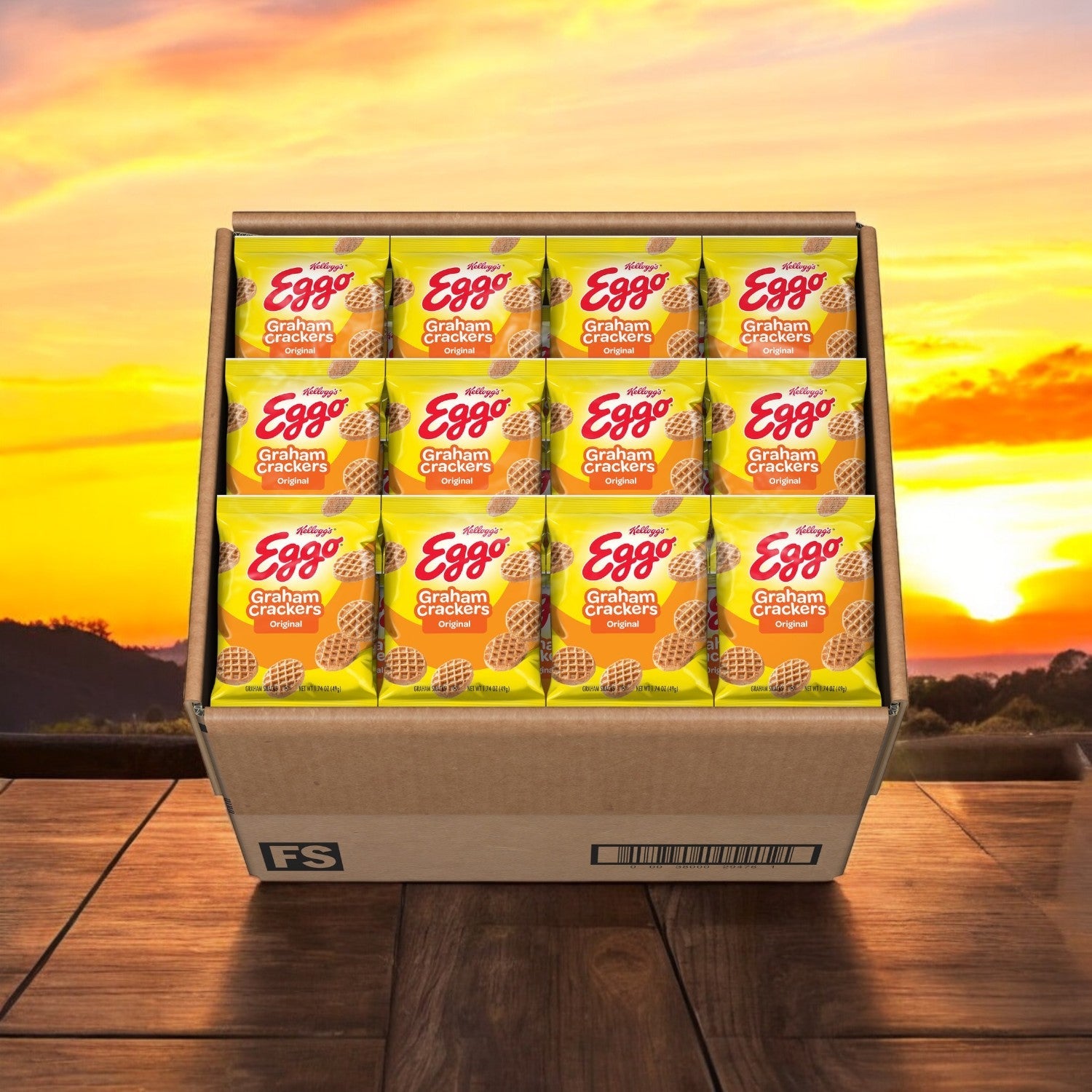 A 100-pack of Kellogg's Cracker Graham Eggo Waffles (1.74 oz each) is arranged on a wooden surface in three rows, evoking homestyle warmth akin to Eggo Waffles against a stunning sunset backdrop.