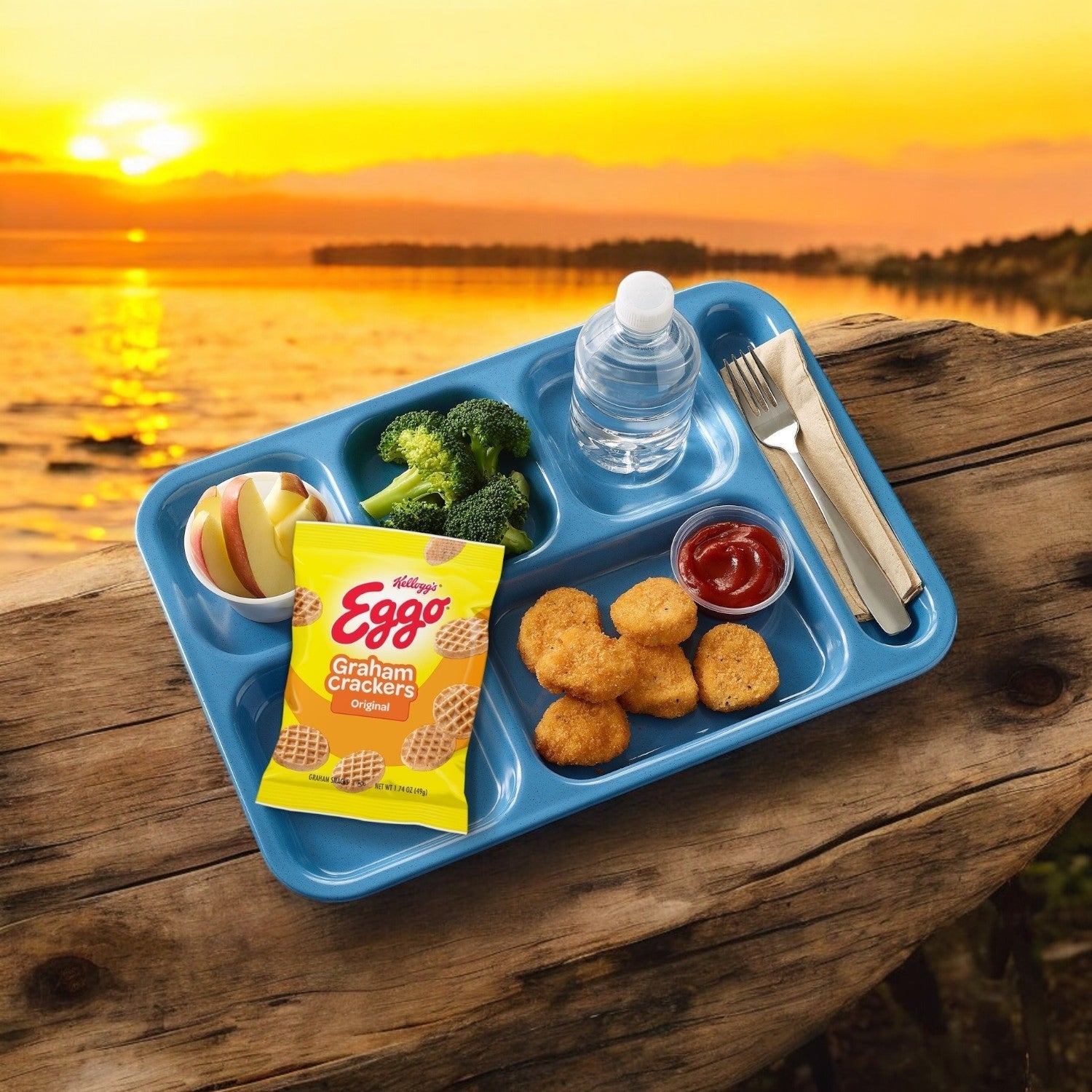 A homestyle blue tray includes chicken nuggets, broccoli, apple slices, a water bottle, ketchup, and Kellogg's Graham Cracker. It features a fork and knife on a log with a sunset over the water in the background.