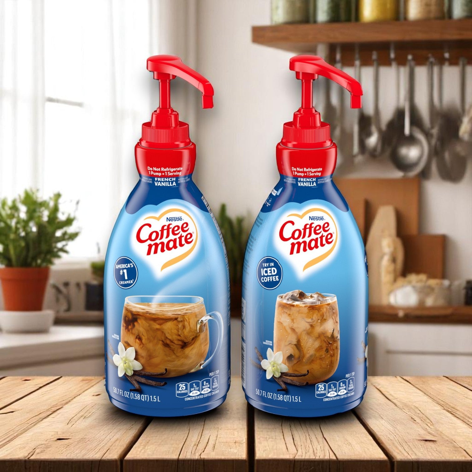Two 1.5L Coffee Mate French Vanilla Liquid Creamer pump bottles are displayed on a wooden counter in a cozy kitchen setting.