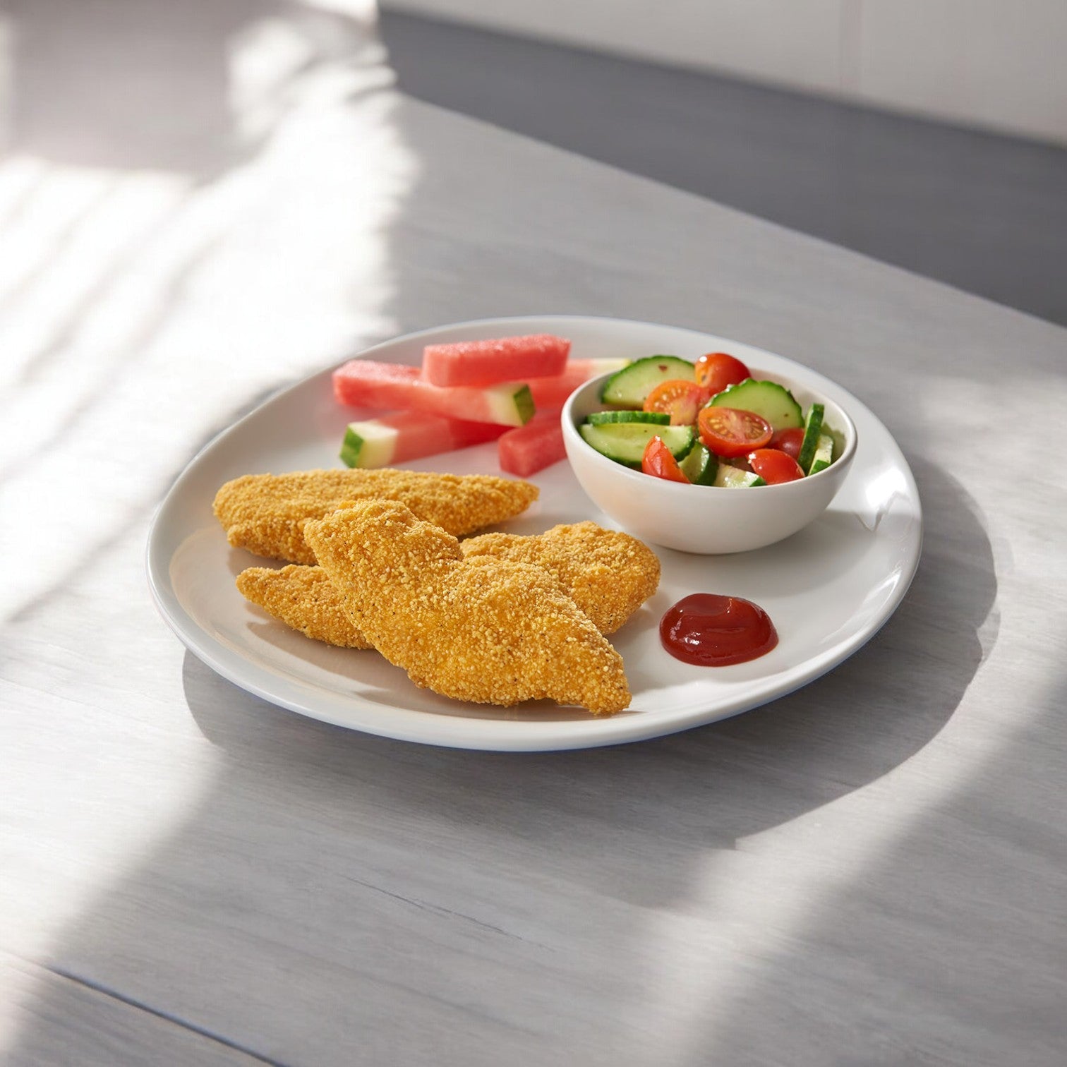 Plate with Perdue Harvestland Gluten Free Breaded Chicken Breast Tenders, a side of cucumber and tomato salad, watermelon slices, and ketchup on a white table.