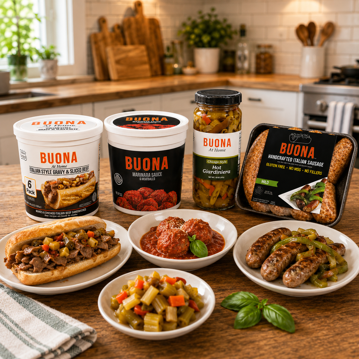 Buona Italian Favorites Combo Pack – Italian Sausage, Hot Giardiniera, Italian Beef & Gravy, Marinara Sauce & Meatballs, 4 Count