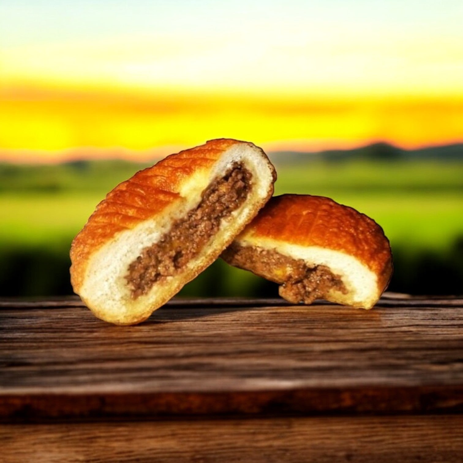 A Clara's Kitchen Beef & Cheddar Handpie – 6 oz., glistening with a crispy crust and filled with savory ground meat, is showcased on a wooden surface against a blurred outdoor sunset.