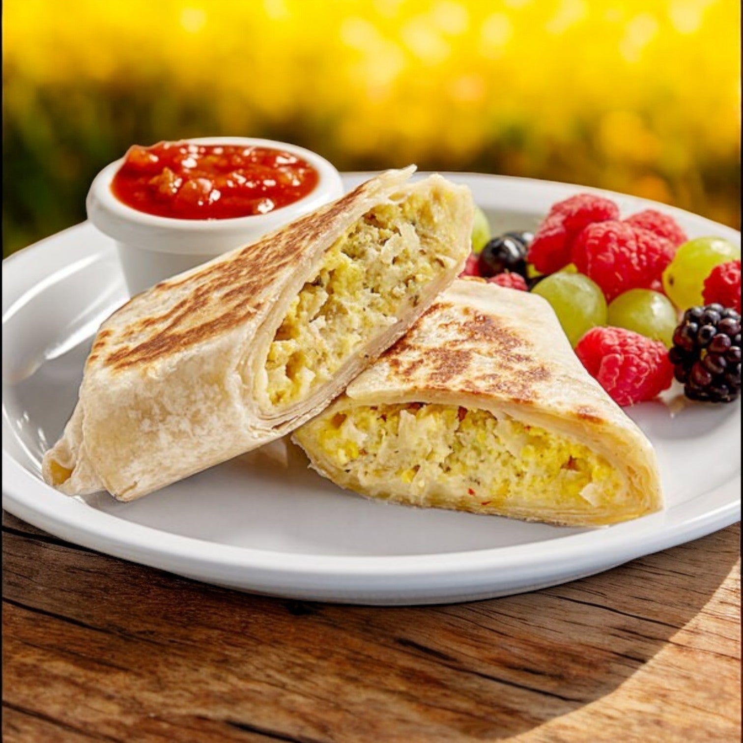 Two Clara's Kitchen Sausage Breakfast Burritos with a cup of salsa sit ready for grab-and-go mornings. A side of mixed fruit—grapes, raspberries, and blackberries—enhances the meal against a sunny yellow backdrop.