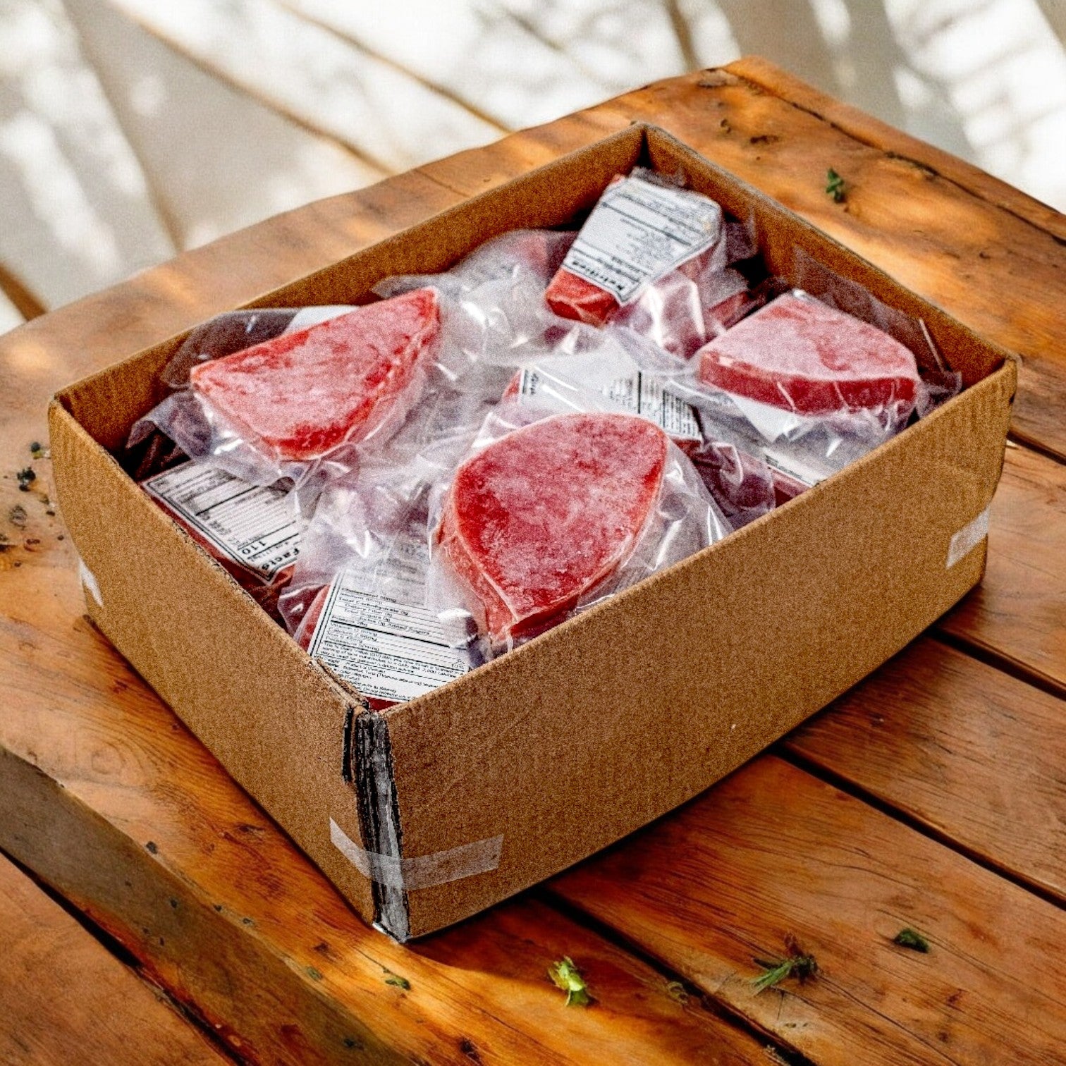 A cardboard box containing individually quick frozen Portico Imperial by Sysco Yellowfin Tuna Steaks is on a wooden surface, with each skinless steak wrapped for convenience—a 10-pack, 6 oz each.