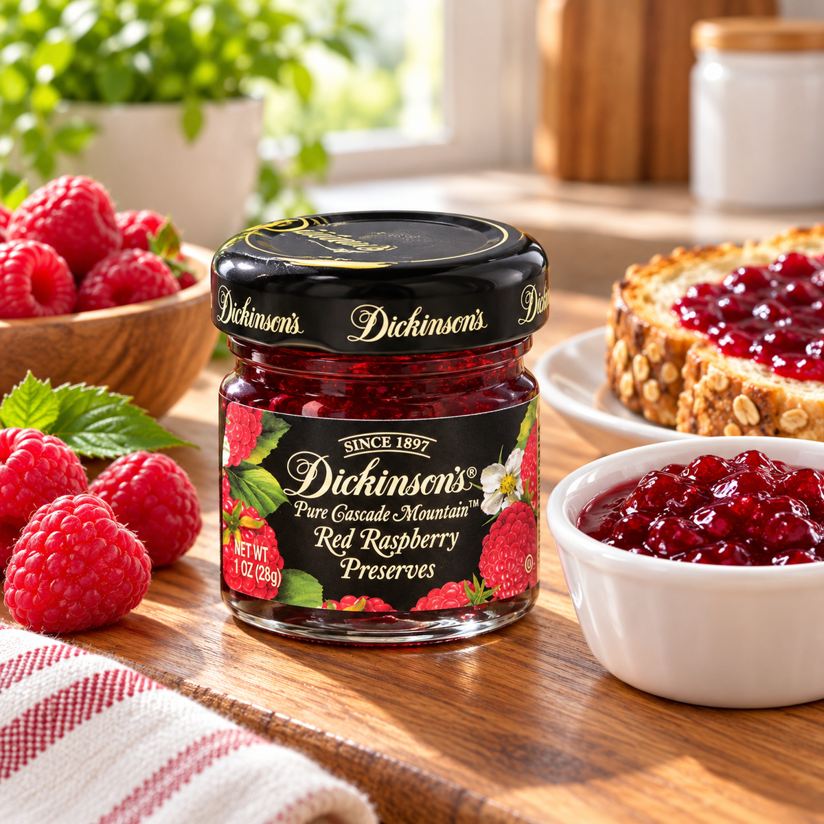Dickinson Pure Cascade Mountain Red Raspberry Preserves – 1 case (72 × 1 oz Glass Jars)