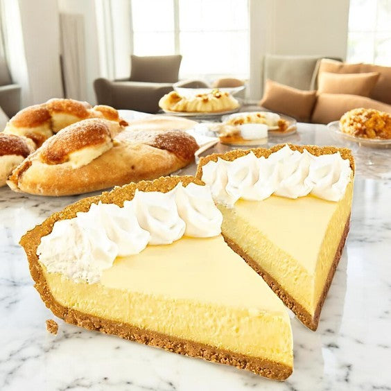 An Edwards Key Lime Pie-3 Count with whipped cream and graham cracker crust is on a marble countertop. Assorted pastries are in the background, offering a tempting array of flavors for dessert lovers.