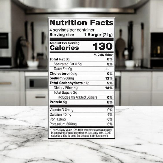 The Dr. Praeger's California Veggie Burger, with 130 calories, 6g fat, 3g protein, 14g carbs, and 260mg sodium per serving, is ideal for health-focused diners. Displayed in a cozy kitchen setting to emphasize its appeal as a tasty meatless option. Available in packs of three burgers.