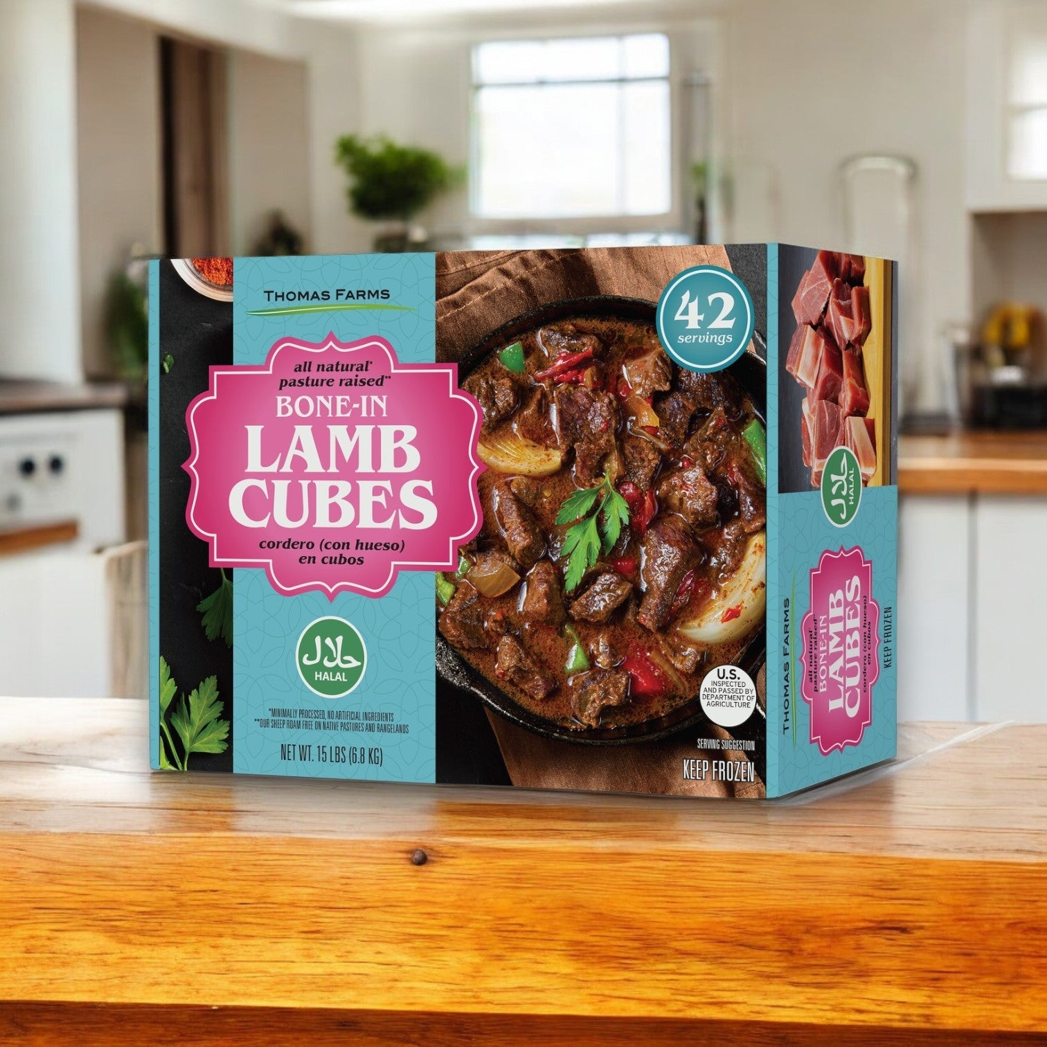 Thomas Farms Halal Bone-In Lamb Cubes, 2” x 2”, 15 Pounds