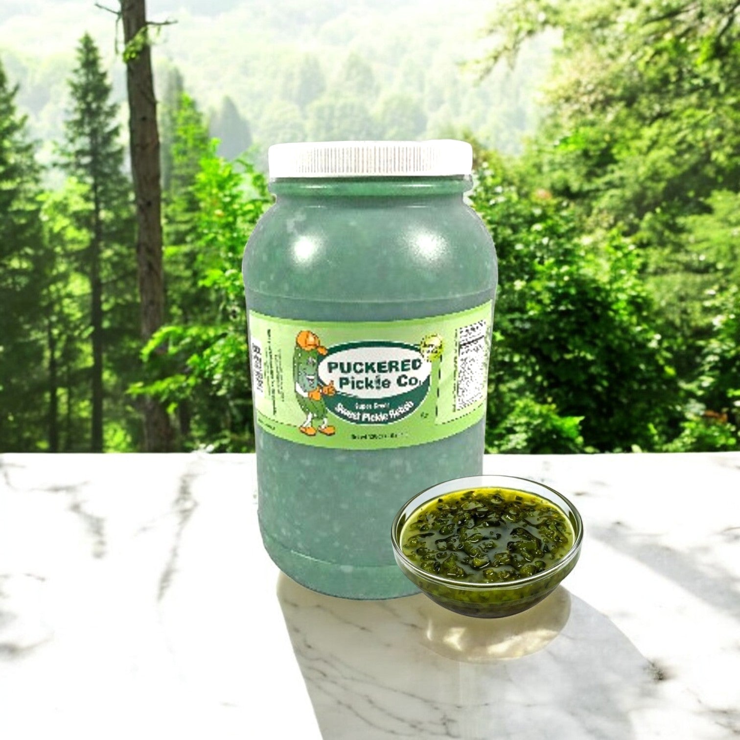 A 1-gallon jar of Puckered Pickle Co. Sweet Green Bright Relish sits beside a small bowl of chopped pickles, highlighting their tangy flavor, on a marble surface with a blurred forest backdrop.