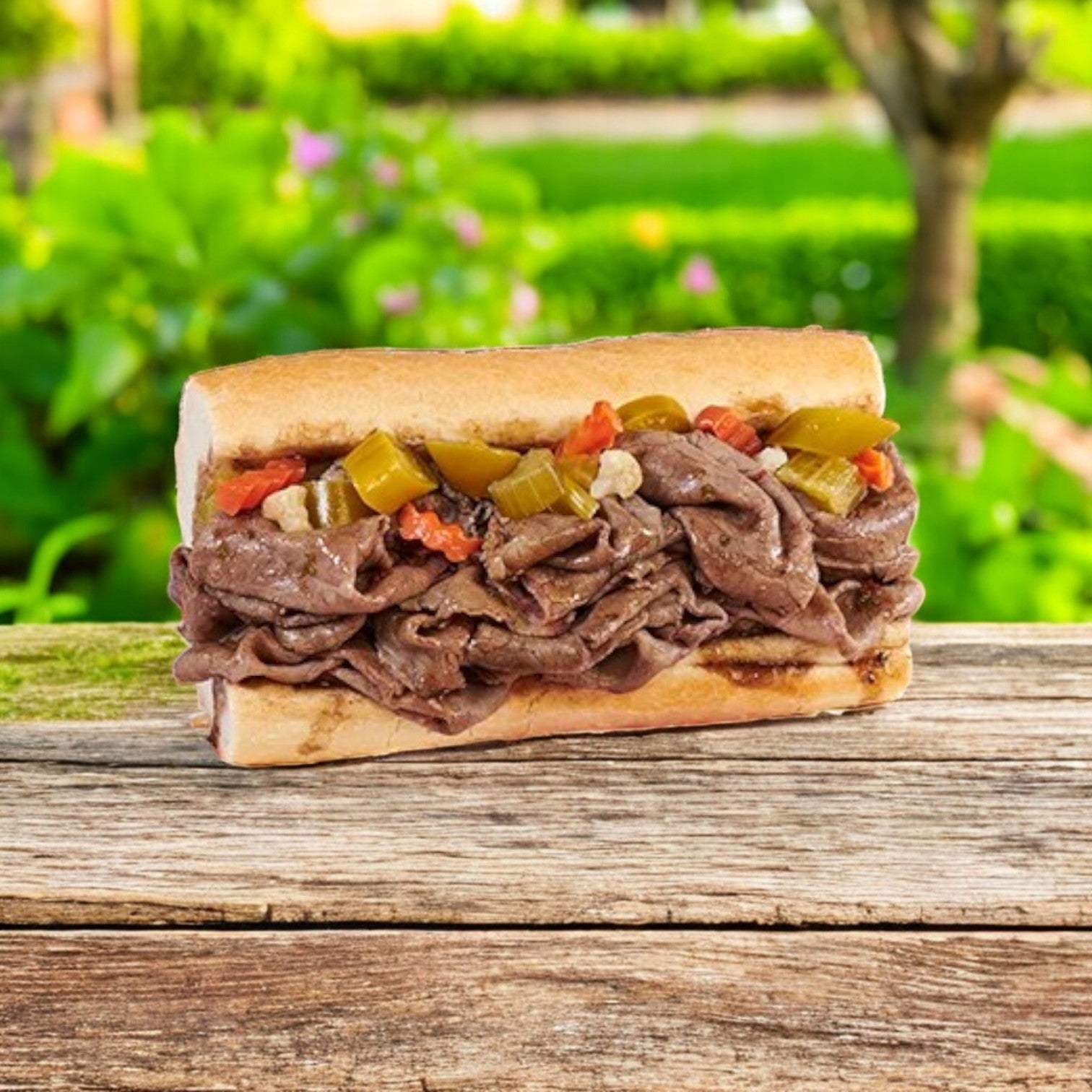 A beef sandwich topped with Marconi Giardiniera Hot, 1 Gallon by Marconi Foods, sits on a wooden table amidst a blurred garden background.