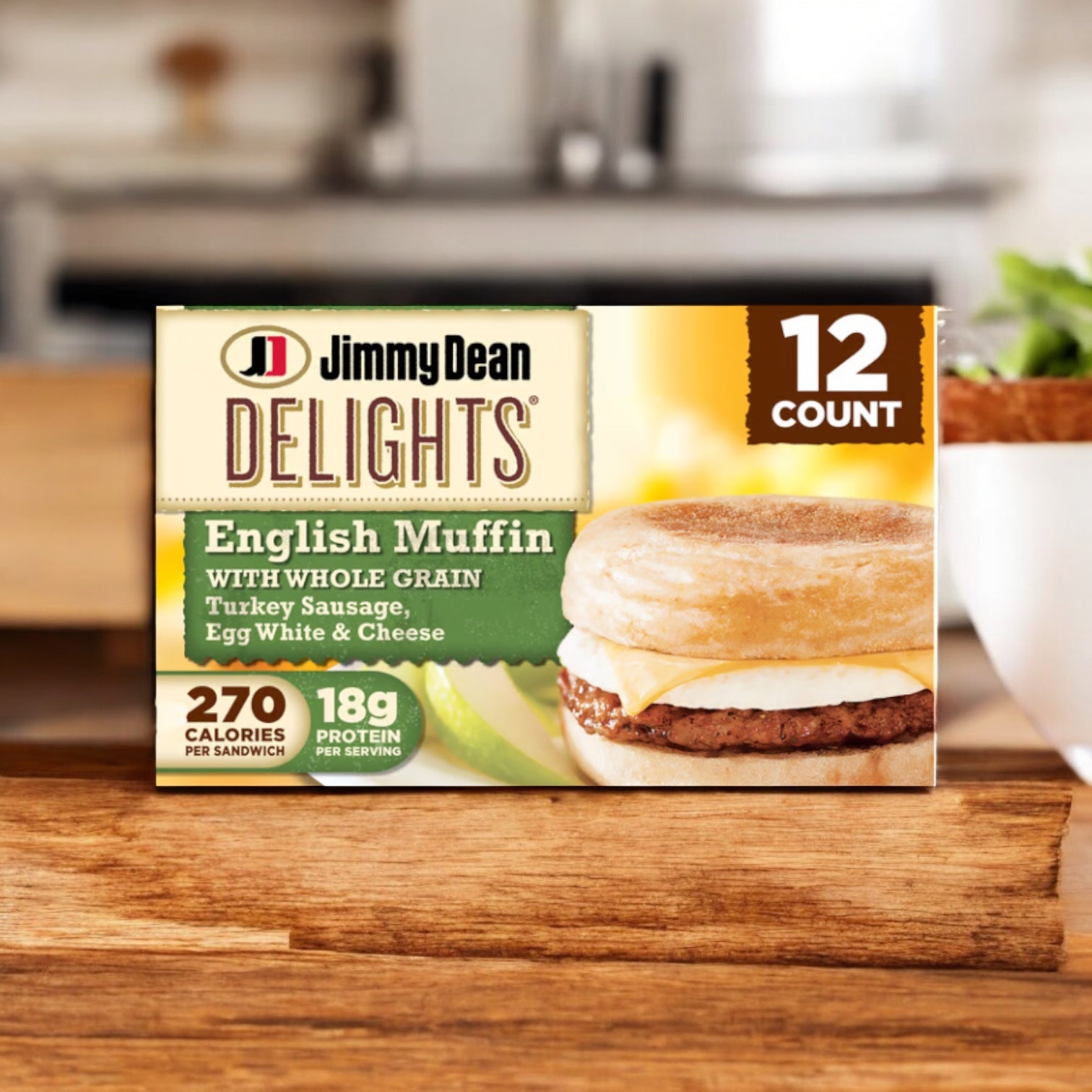 Box of Jimmy Dean Delights English Muffin sandwiches with turkey sausage, egg white, and cheese, 12 count. This wholesome breakfast option offers 270 calories and 18g protein per serving from the renowned brand Jimmy Dean.
