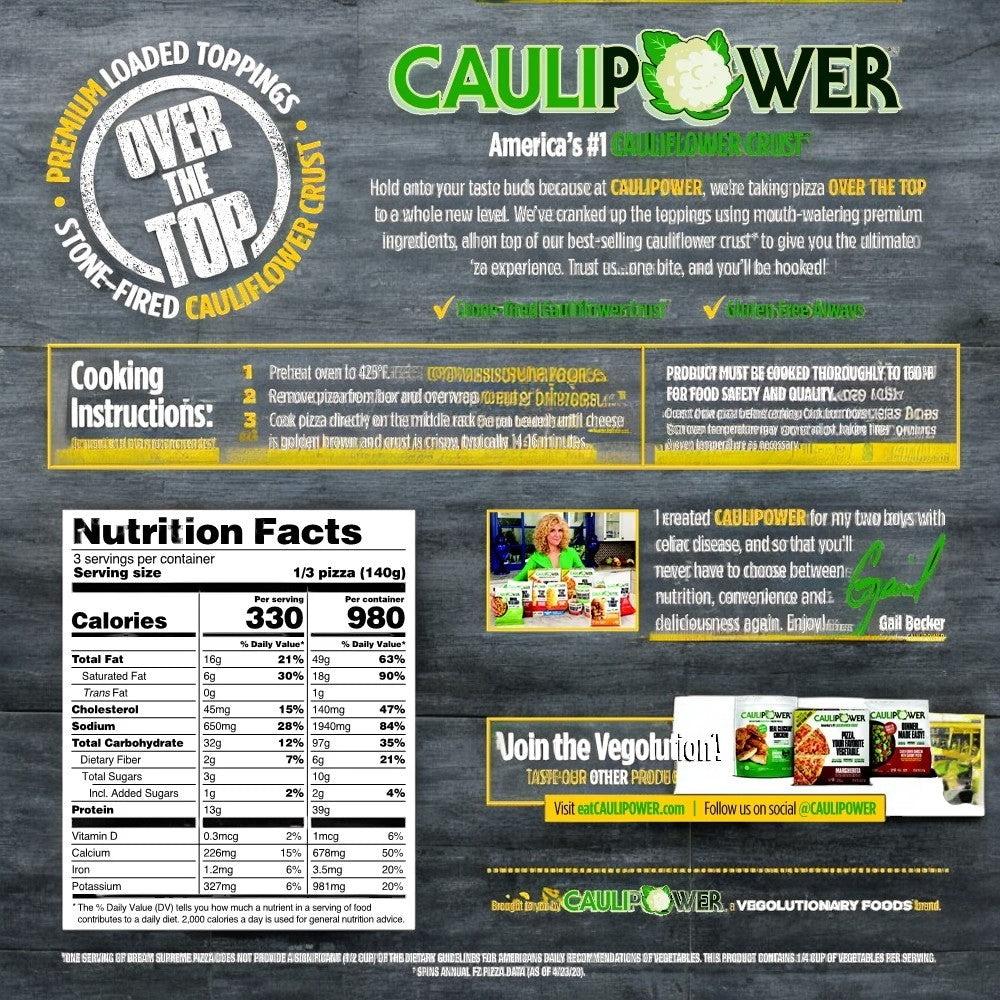 Try CauliPower's delicious Dream Supreme pizza with its cauliflower thin crust and premium toppings. This gluten-free delight offers impressive nutrition and easy cooking instructions. See images and contact info on our promo poster!.