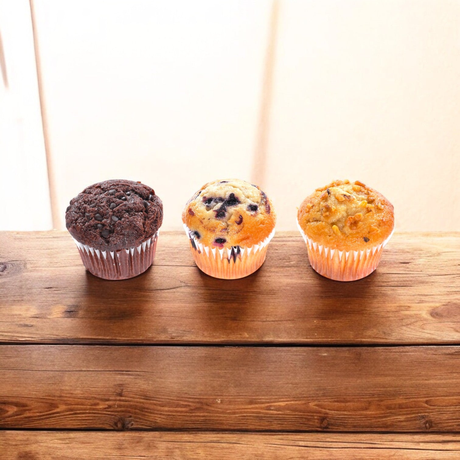 On a rustic wooden table sit three tempting Otis Spunkmeyer Muffin Variety treats: rich chocolate chip, fruity blueberry banana, and one with a crunchy nut topping.