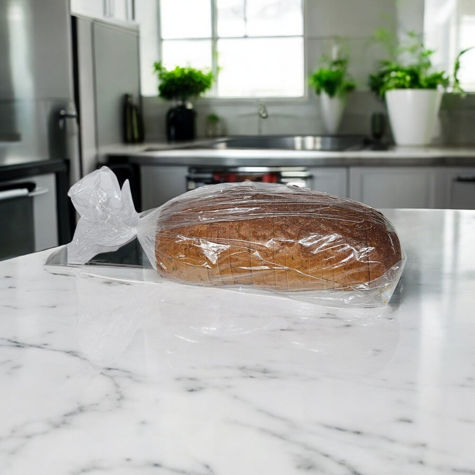 A loaf from Manny's Deli 4 Count Combo rests on a marble countertop, evoking the charm of a Chicago deli. The modern kitchen and potted plants suggest delightful pastrami or corned beef sandwiches ready to be crafted.