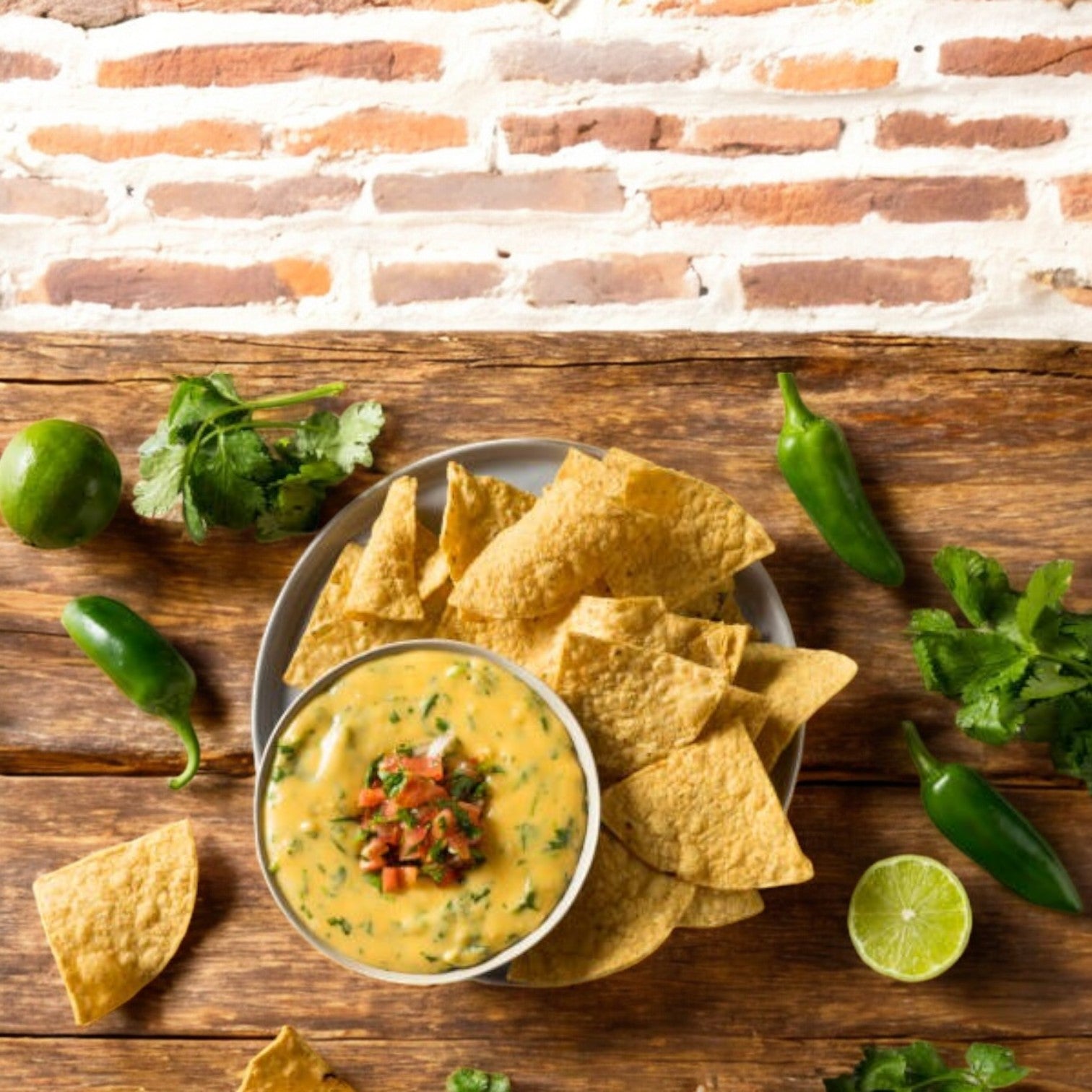 A bowl of herbed cheese dip with salsa is surrounded by a plate of El Milagro Corn Tortillas, garnished with cilantro, jalapeños, and limes on a wooden table with a brick wall backdrop.
